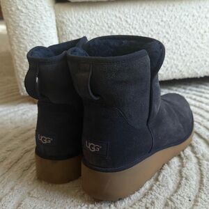 UGG Navy Suede Platform Ankle Boots Wedge Shearling Lined Women’s Size 10 RARE